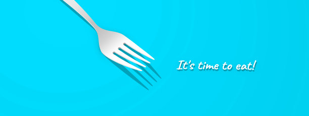 Fork在蓝色背景上。叉子为餐厅、咖啡馆、披萨店设计。为广告目的设计的极简厨房叉。该吃东西了!3D渲染，3D渲染。图片下载