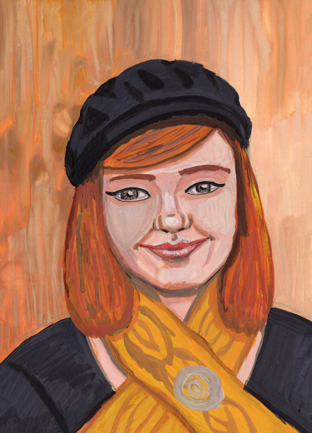 手绘肖像的欧洲女孩在黑色贝雷帽和黄色围巾。岁的年龄在18岁至25岁之间。姜齐肩的头发。丙烯酸、油画和水粉画。米色背景纹理。海报和明信片图片下载