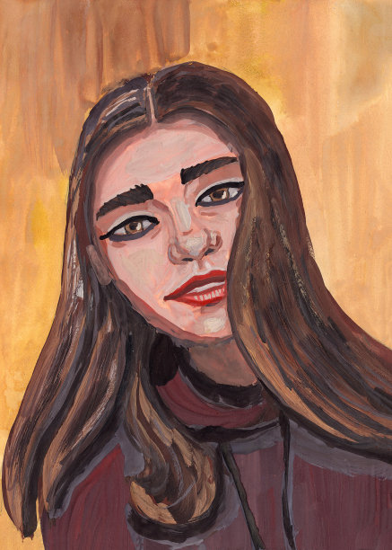 手绘肖像的欧洲女孩在栗色衬衫。岁的年龄在18岁至25岁之间。棕色的长直发，金色的发丝。丙烯酸、油画和水粉画。米色背景纹理。海报和明信片图片下载