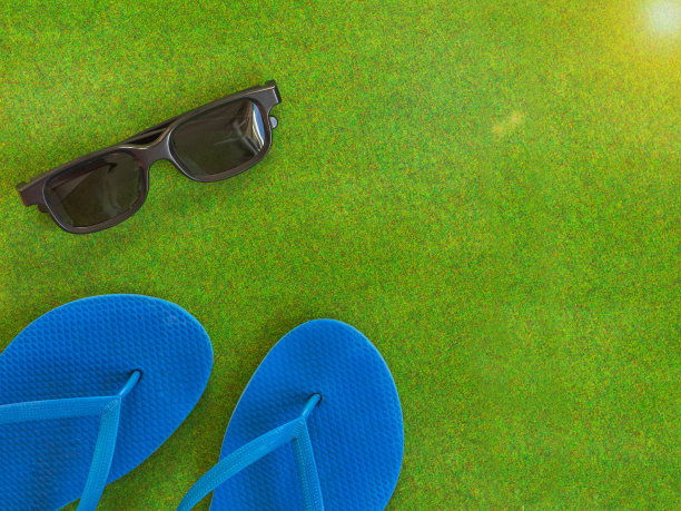 阳光暑假概念。绿草背景下的太阳镜和蓝色人字拖图片下载