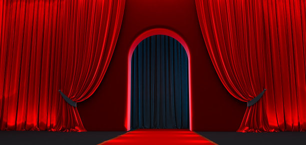 3d渲染的步道拱门，黑色走廊，长隧道与拱门和红地毯与红窗帘图片下载