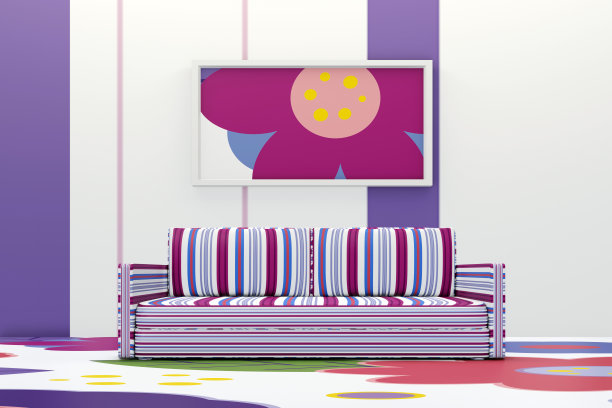 亮花公寓设计。抽象的极简主义客厅，配有沙发和大框架。三维演示图片下载