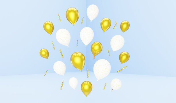 许多白色和金色的气球在蓝色的房间里飞行，3d渲染图片下载