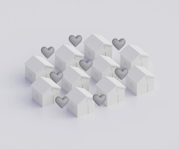 许多屋顶上有心形的白色房屋，心爱的家庭住宅概念，家乡城市，3d插图图片下载