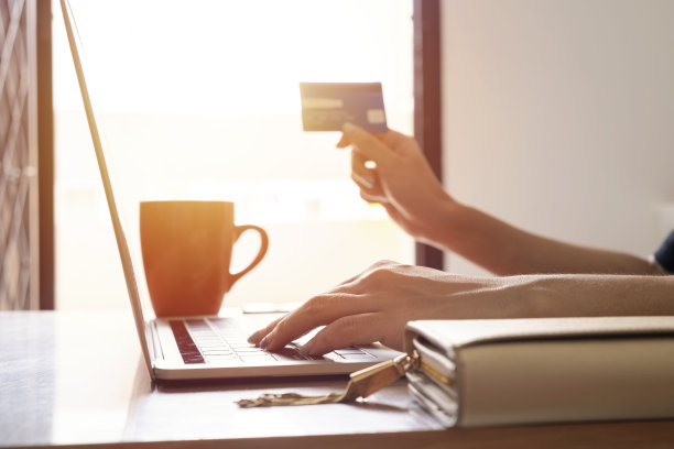 手持信用卡，使用笔记本电脑。网上购物图片下载