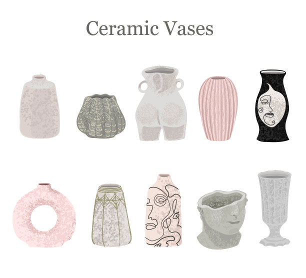 彩色的设置与插图的陶瓷花瓶收集图片下载