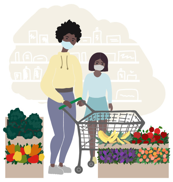 妈妈和女儿买带口罩的蔬菜和水果。检疫期间市场。平面向量插图图片下载