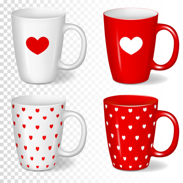 一套红色和白色的心形杯子，孤立的。图片下载