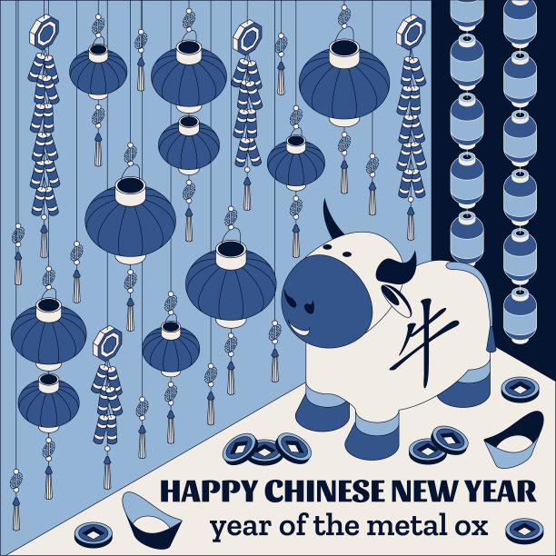 快乐春节背景与创意白牛和悬挂灯笼图片下载