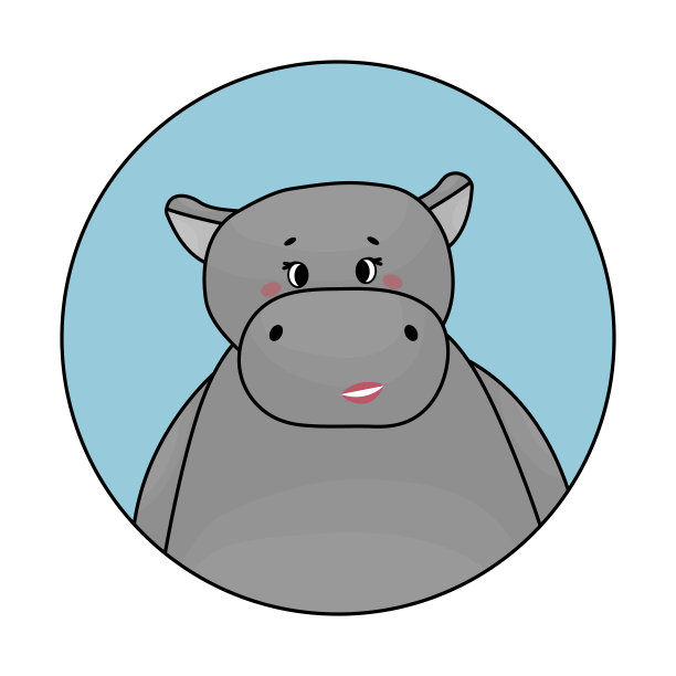 灰色的雌河马在微笑，脸颊是红色的，口红是粉红色的。蓝色背景的阿凡达图片下载