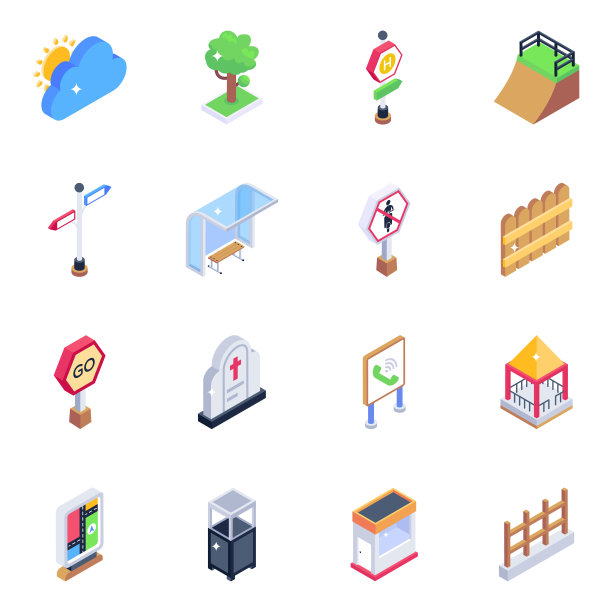 击剑和建筑等距图标包图片下载