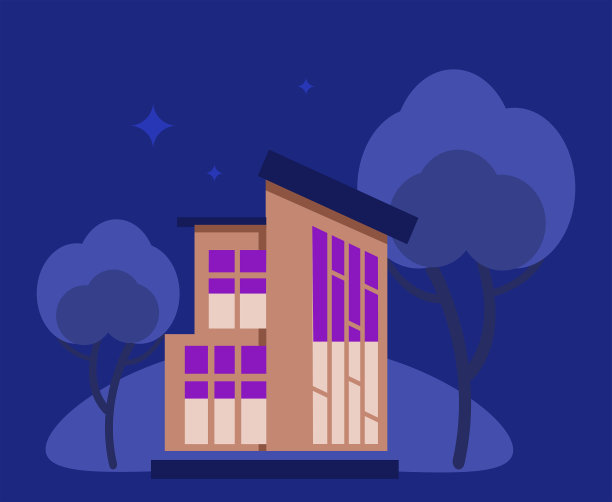 绿色灌木丛中的生态房子。夜间照明。可爱的房子，卡通风格，孤立在一个深蓝色的背景。平面风格的夜晚生态房子的矢量插图。图片下载