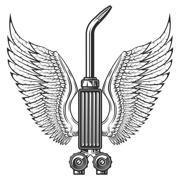 焊接火炬气体修复工具与翅膀单色风格孤立矢量插图。焊机工具结构设计图片下载
