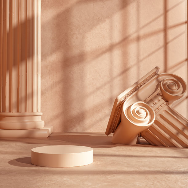 产品设置裙台古希腊柱米色仿古背景，物体摆放，3d渲染图片下载