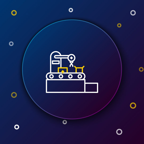 生产线工厂输送系统带与纸箱工程机器图标隔离在蓝色背景。机器人产业的概念。色彩斑斓的轮廓的概念。向量图片下载