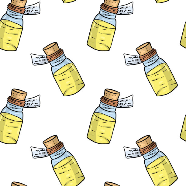 手绘医用无缝图案，黄色药瓶和白色背景纸标签。数字艺术。图片下载