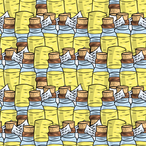 手绘医用无缝图案，许多黄药瓶。数字艺术。图片下载