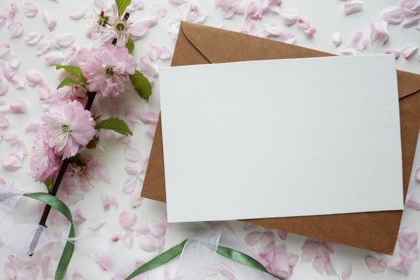 春季明信片的模型。盛开的樱花枝在粉红色的背景和一个信封图片下载