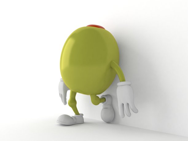 一个橄榄色的人物靠在墙上，背景是白色图片下载