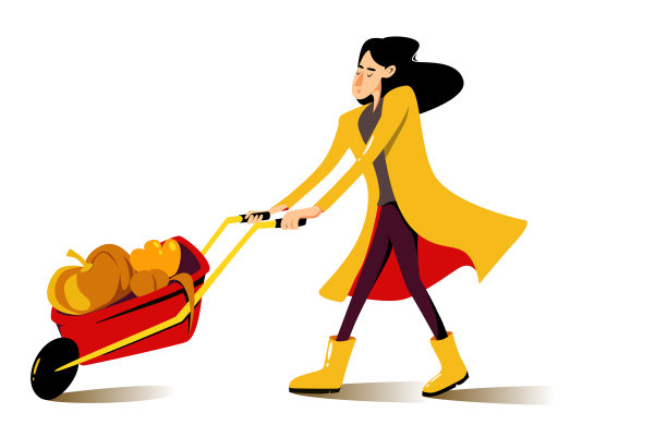 一个穿着黄色雨衣的女孩，推着一辆装满收成的小推车。矢量插图。图片下载