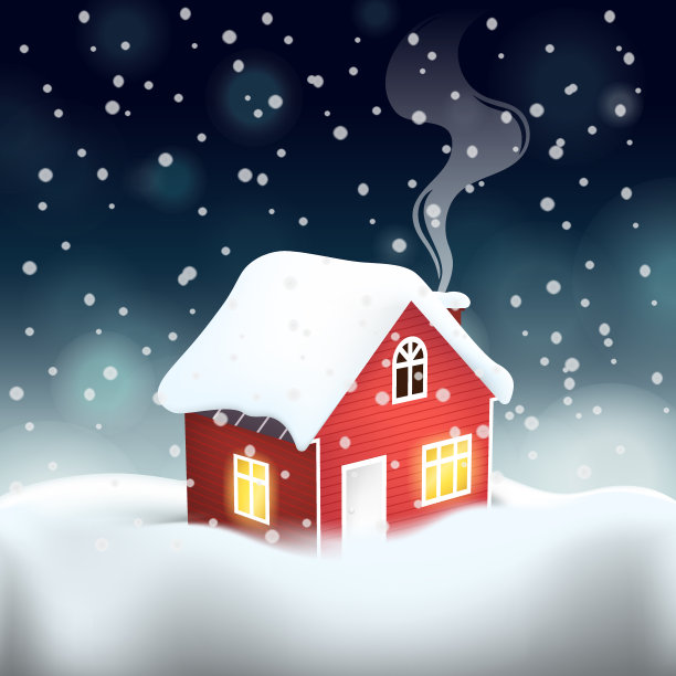 瑞典的红色木制大厦与雪覆盖的屋顶在冬天，舒适的雪覆盖的房子前圣诞夜，矢量插图。图片下载