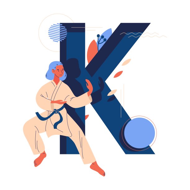 大字母K和年轻女子在和服训练空手道。矢量运动和武术性格孤立在白色图片下载