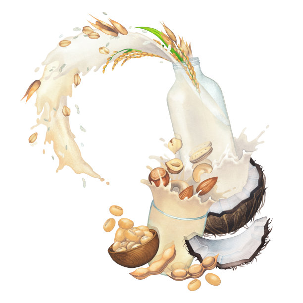 圆形水彩设计与玻璃和瓶子的植物为基础的牛奶，飞溅和各种成分。图片下载