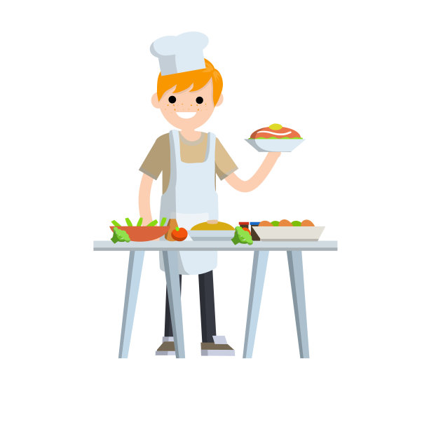 平底锅厨师拿着一盘食物。桌上摆满了美味的饭菜。厨师和服务员的工作图片下载