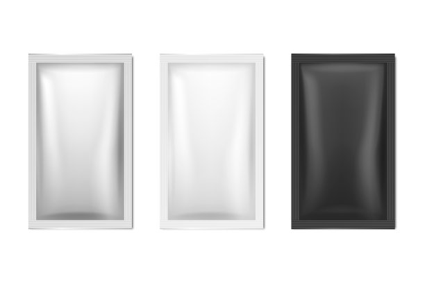 矢量3d现实箔，白色，黑色长苗条空白包装集隔离在白色。采购产品咖啡，茶，盐，糖，香料，小袋或湿擦拭包装。设计模板，包装，模型。俯视图图片下载