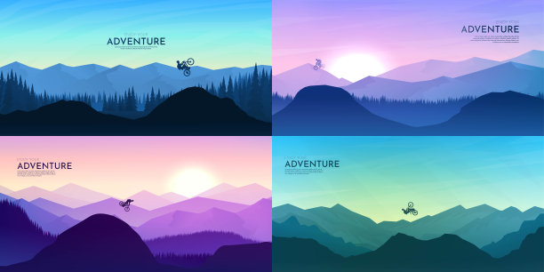发现、探索、观察自然的旅游理念。山地自行车。骑自行车。探险旅游。极简矢量平面插图。日落的场景。的背景。自由式摩托车图片下载