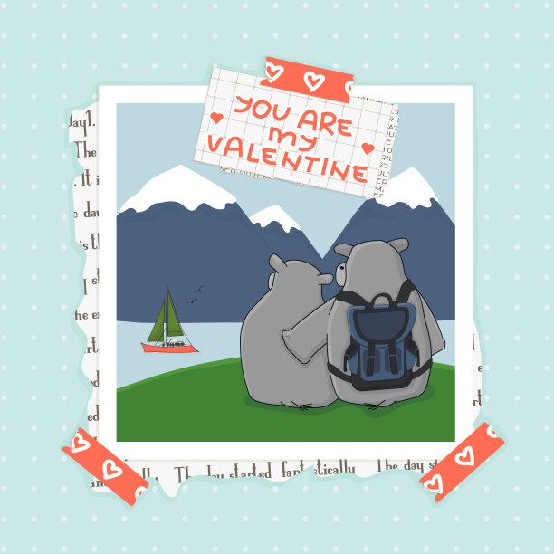 你是我的情人节短信是写在一张正方形的小圆点和一份报纸上的。上面是Washi胶带，下面是河马夫妇在山上的照片。蓝色的背景图片下载