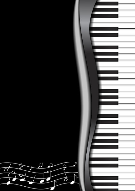 向量:钢琴和音符符号与黑色的背景反射图片下载