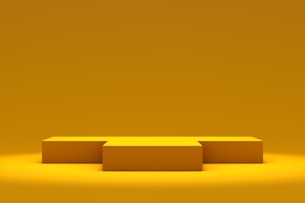 黄色的讲台货架或空工作室展示生动的夏季背景与最小的风格。展示产品的空白台。图片下载