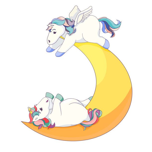 可爱的飞马和独角兽躺在新月上，神奇的马和月亮在白色孤立的背景，矢量独角兽和飞马在卡通风格，朋友和爱的概念，童话故事。图片下载