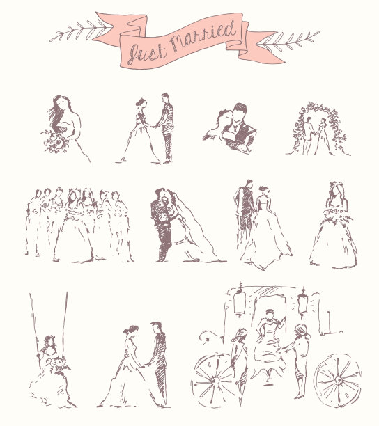 画了套新娘新郎装饰请柬矢量图片下载