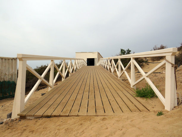 野生沙滩上的木栈道到机库的视角。木制人行走道。图片下载