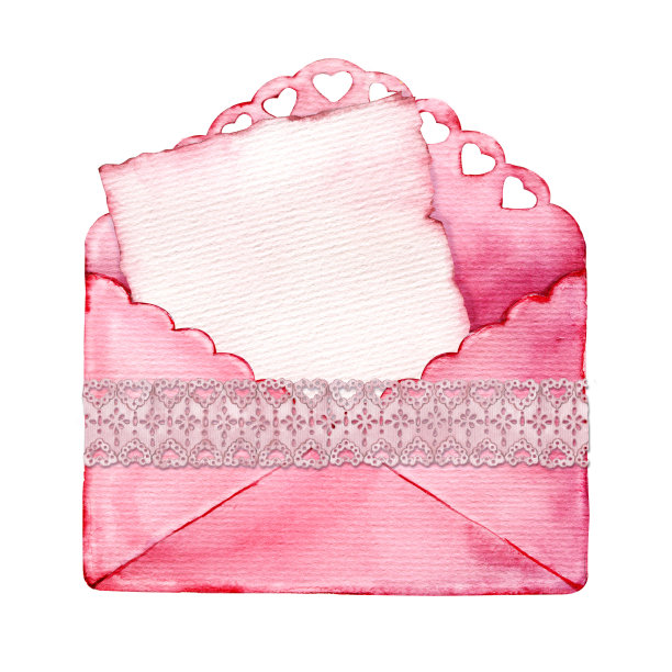 粉色复古信封与花边和心形装饰。一张纸，爱的留言。特写水彩插图孤立的白色背景。为情人节，母亲节，明信片设计图片下载