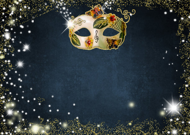 狂欢派对，背景设计。音乐嘉年华面具高音谱号，蝴蝶和花在深蓝色的背景图片下载