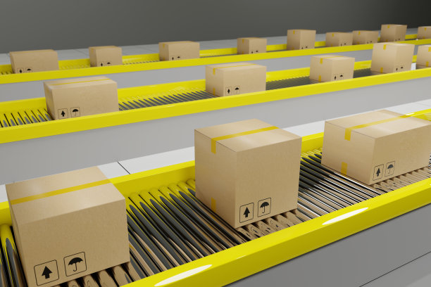 纸板箱沿着传送带前进。3 d演示。图片下载