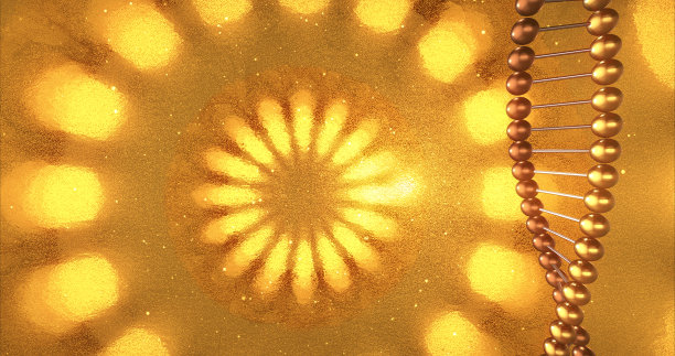 金色的几何背景与DNA分子的漩涡。三维渲染图片下载