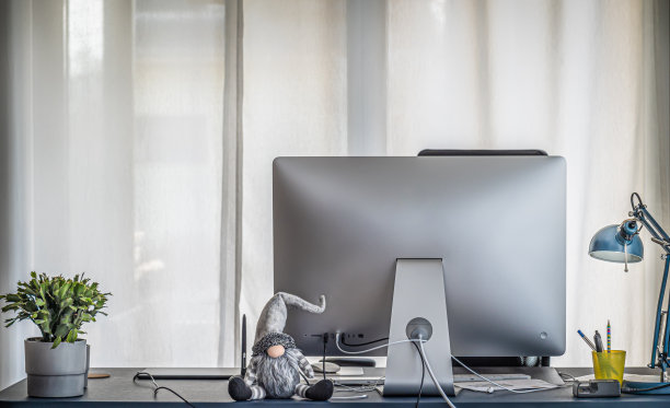 有电脑、灯和植物的家庭办公场所图片下载