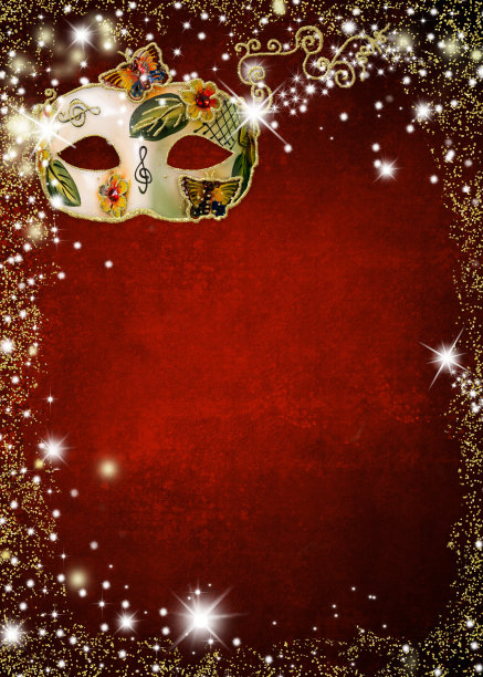 欢快的嘉年华面具，红色背景，金色闪光和星星，海报设计空白图片下载