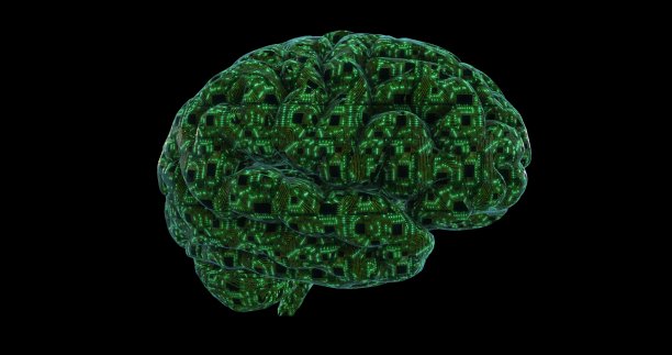 由印刷电路板和处理器制成的数字大脑。数字神经网络。大脑能量脉动3D渲染图片下载