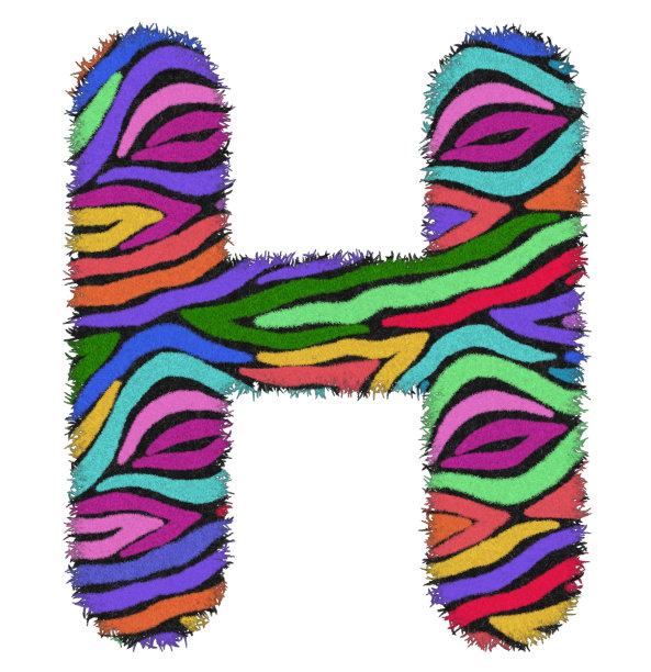 3D斑马彩虹印花字母H，动物皮毛创意装饰字符H，与彩色孤立在白色背景。具有剪切路径和切分。设计字体野生动物或safari概念。图片下载
