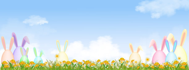 快乐复活节节日贺卡与彩色复活节兔子蛋狩猎，向日葵和绿色草松软的云，夏季景观与向日葵和雏菊对蓝色的天空，旗帜为复活节背景图片下载
