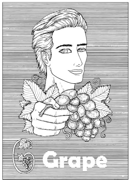 年轻英俊的男子拿着葡萄浆果在条纹背景上。图片下载