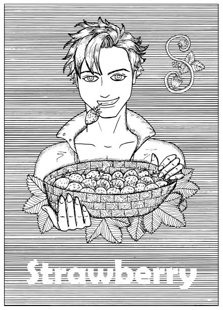 年轻英俊的男子拿着草莓在条纹背景。图片下载