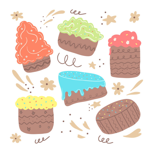 一套手画彩色节日可爱蛋糕与奶油和蜡烛孤立在白色背景。平面风格的简单插图，可用于纺织品、纸张的装饰。图片下载