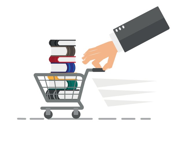购物车里有很多书。矢量插图。图片下载