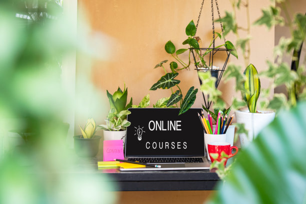 在线课程在笔记本电脑屏幕上，桌子上的植物和咖啡杯在家里的自然花园。技术与教育理念图片下载